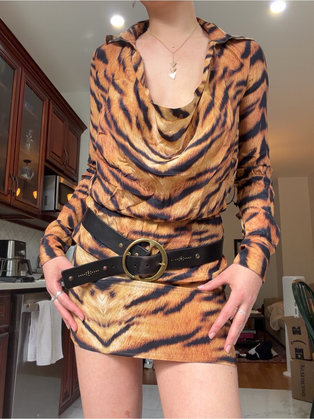 Haute Hippie Tiger-Print mini cowl neck dress